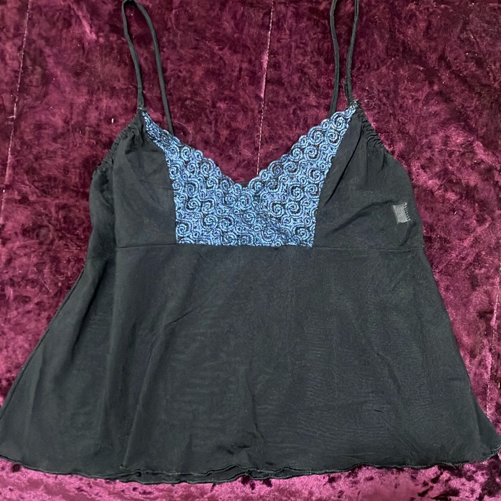 Elegant Black and Blue Lace Trim Women's Top